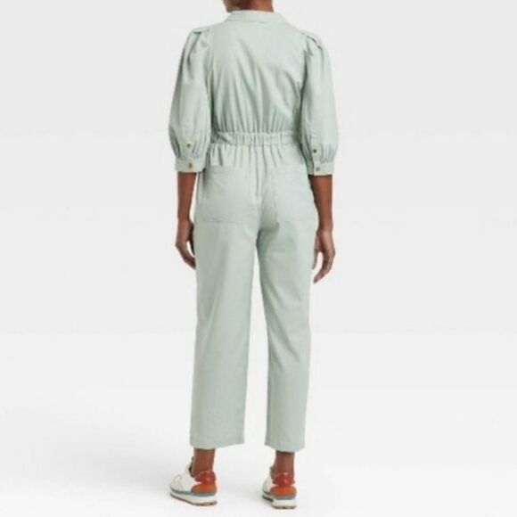 PUFF SLEEVE UTILITY JUMPSUIT LIGHT TEAL SEAFOAM GREEN WOMENS XS - Picture 5 of 5